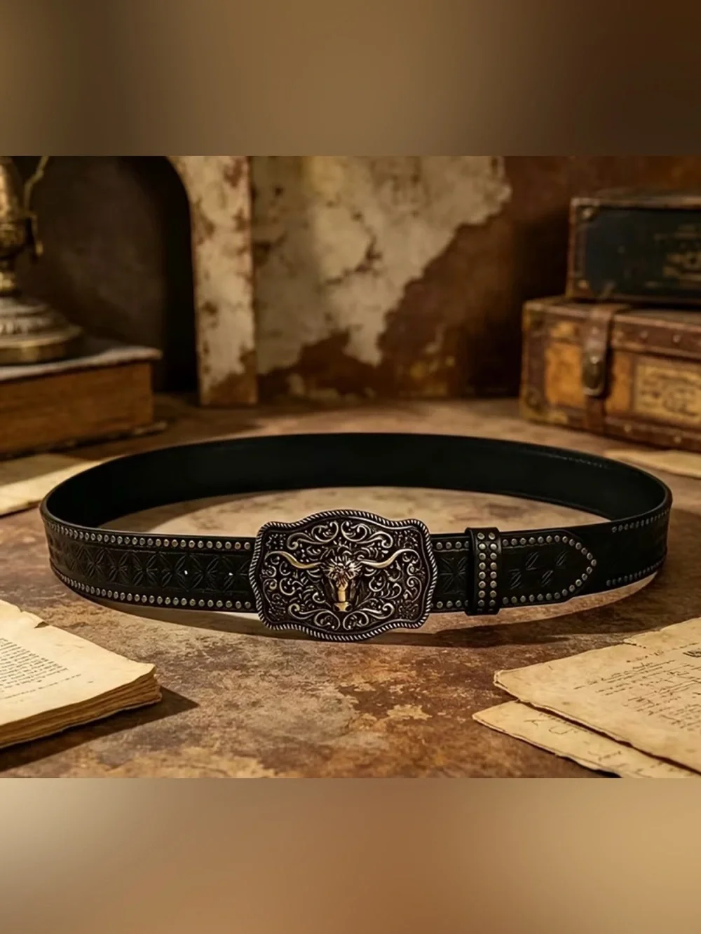 Western Belt Black PU Leather Western Belt with Antiqued Gold Longhorn Buckle